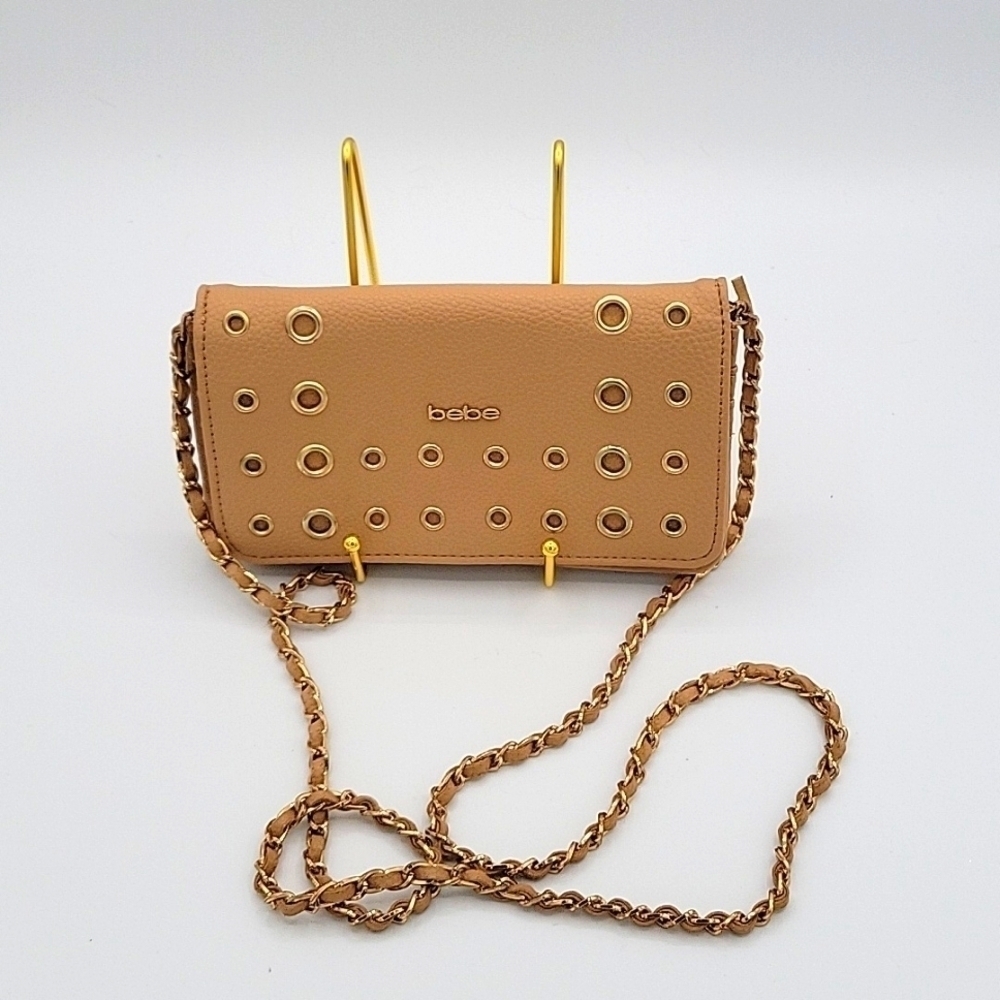 BeBe Camel Crossbody Bag Wallet inserts Roped Gold Chain & Gold Hardware